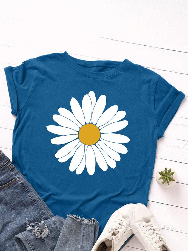 Dame Daisy Blomsterprint O-hals Casual Kortærmede T-shirts