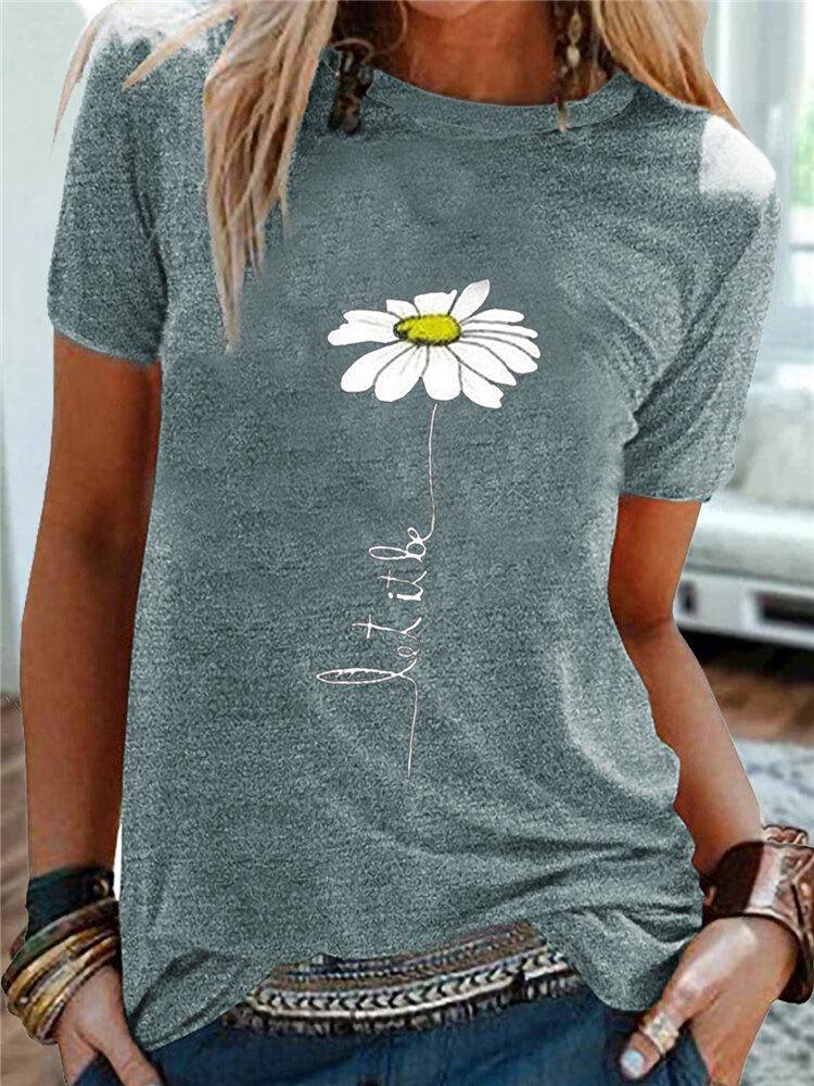 Dame Daisy Broderi Rundhalset Casual Kortærmede T-shirts