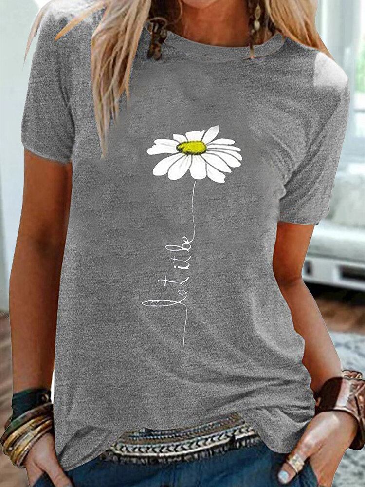 Dame Daisy Broderi Rundhalset Casual Kortærmede T-shirts