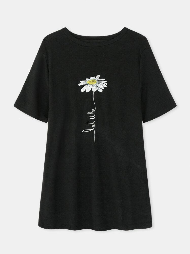 Dame Daisy Broderi Rundhalset Casual Kortærmede T-shirts