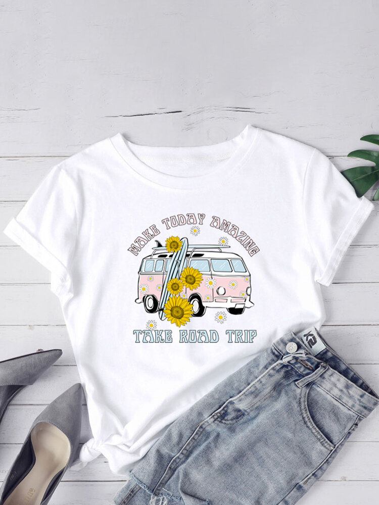 Dame Daisy Car Slogan Print O-hals Casual Kortærmede T-shirts