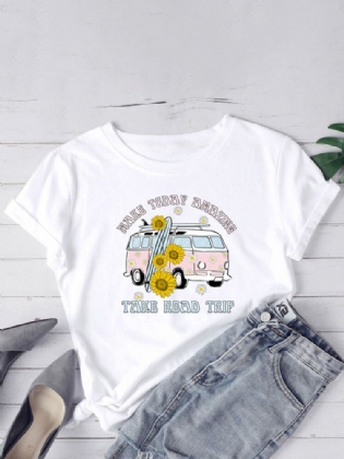 Dame Daisy Car Slogan Print O-hals Casual Kortærmede T-shirts