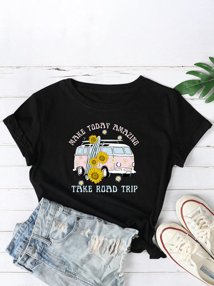 Dame Daisy Car Slogan Print O-hals Casual Kortærmede T-shirts