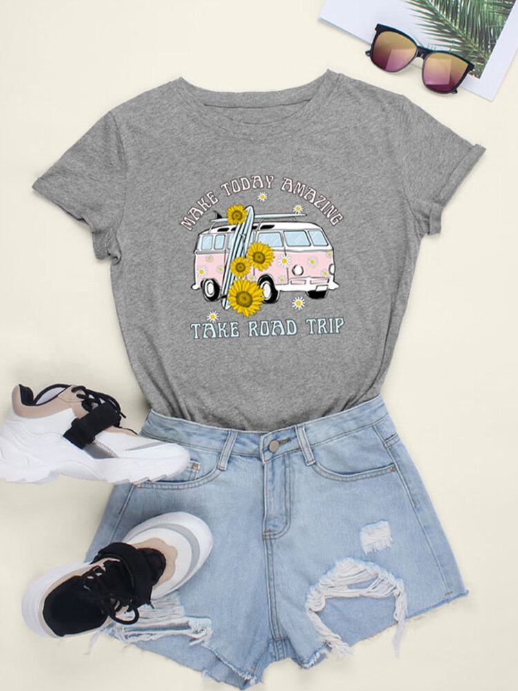 Dame Daisy Car Slogan Print O-hals Casual Kortærmede T-shirts