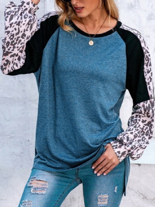 Dame Leopard Raglan Ærmer Patchwork O-hals Casual Løs T-shirt