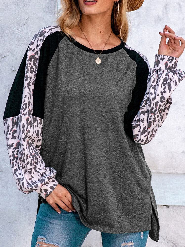 Dame Leopard Raglan Ærmer Patchwork O-hals Casual Løs T-shirt