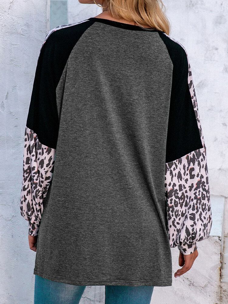 Dame Leopard Raglan Ærmer Patchwork O-hals Casual Løs T-shirt