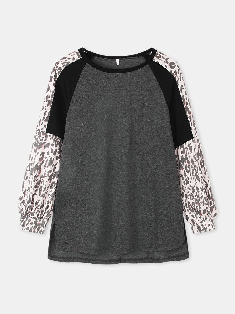 Dame Leopard Raglan Ærmer Patchwork O-hals Casual Løs T-shirt