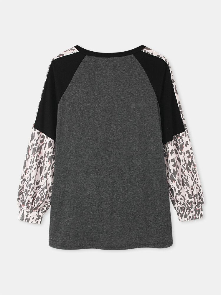 Dame Leopard Raglan Ærmer Patchwork O-hals Casual Løs T-shirt