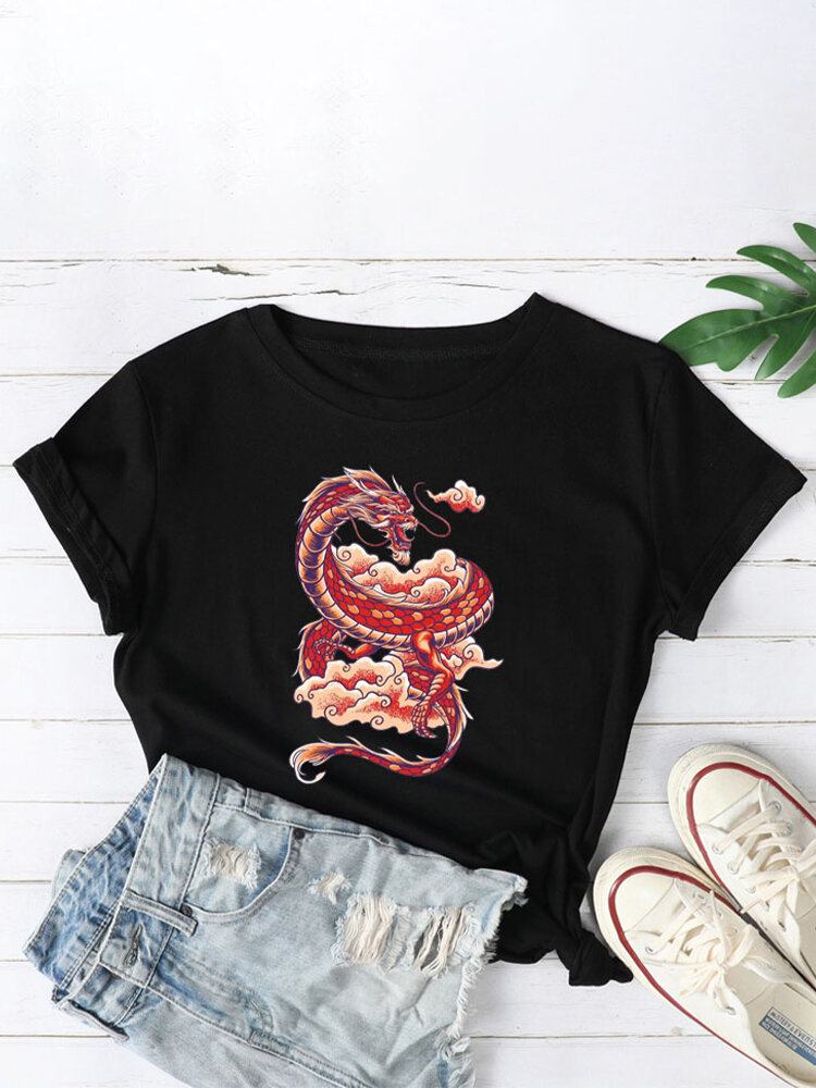 Dame Oriental Dragon Graphics O-hals Casual Kortærmede T-shirts