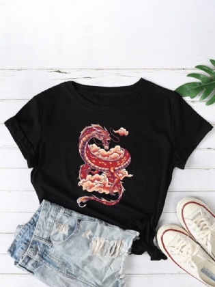 Dame Oriental Dragon Graphics O-hals Casual Kortærmede T-shirts