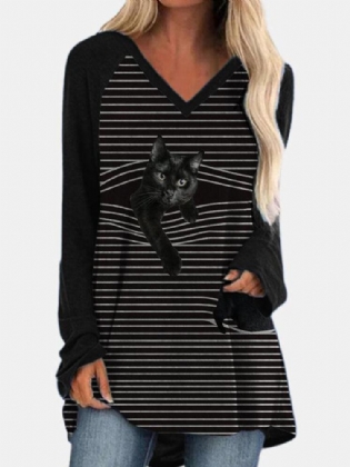 Dame V-hals Stripe Ryg Cat Print Langærmede Casual T-shirts