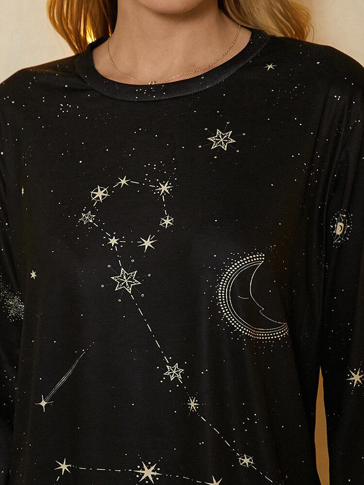 Damer Fisketryk Stjerner Moon O-hals Langærmet Casual T-shirt