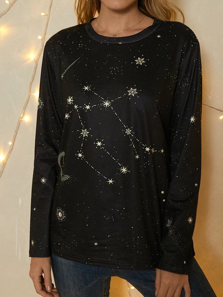 Damer Gemini Print Stars Moon O-hals Langærmet Casual T-shirt