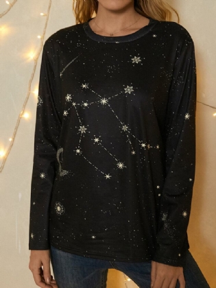 Damer Gemini Print Stars Moon O-hals Langærmet Casual T-shirt