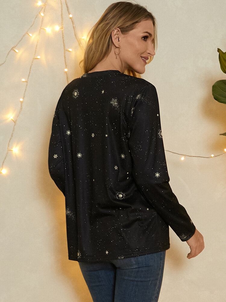 Damer Gemini Print Stars Moon O-hals Langærmet Casual T-shirt