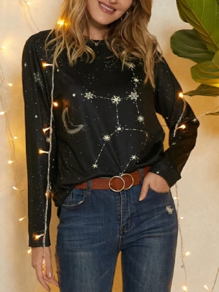 Damer Jomfru Print Stars Moon O-hals Langærmet Casual T-shirt