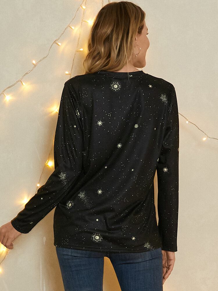 Damer Jomfru Print Stars Moon O-hals Langærmet Casual T-shirt