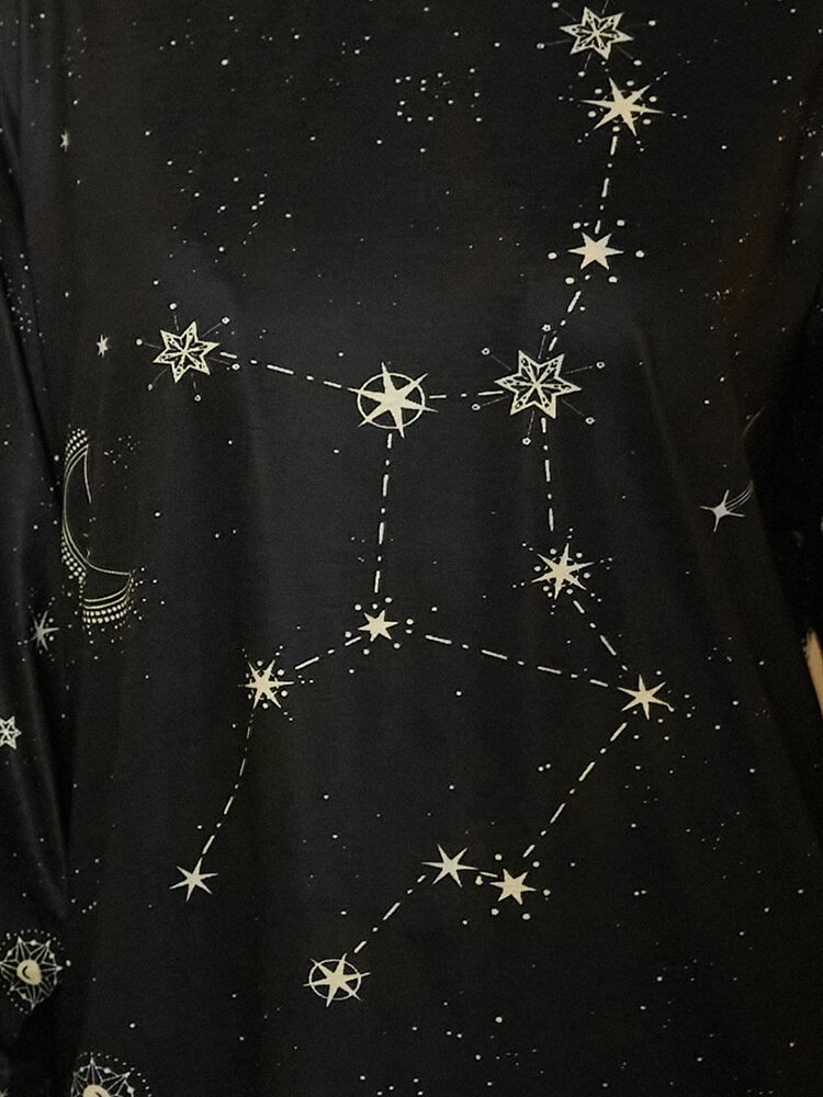 Damer Jomfru Print Stars Moon O-hals Langærmet Casual T-shirt