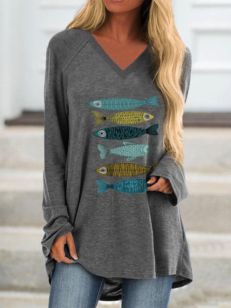 Fish Graphic Langærmet V-hals Casual Løs T-shirt