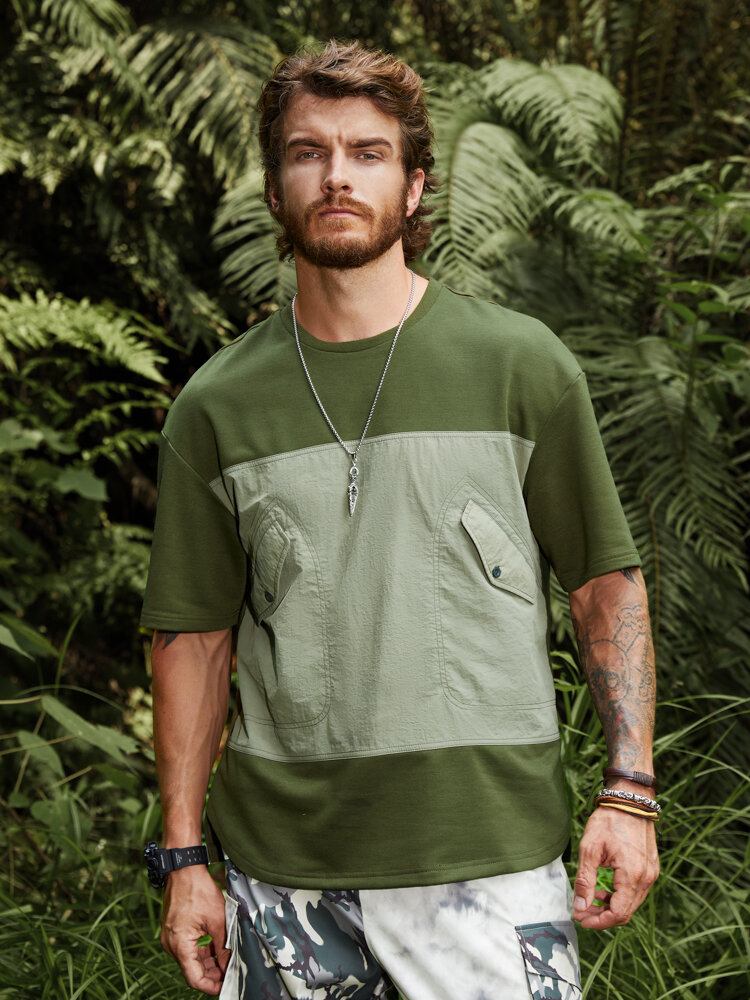 Flad Lommesyning Til Mænd Colorblock Camping Soft Åndbar T-shirts