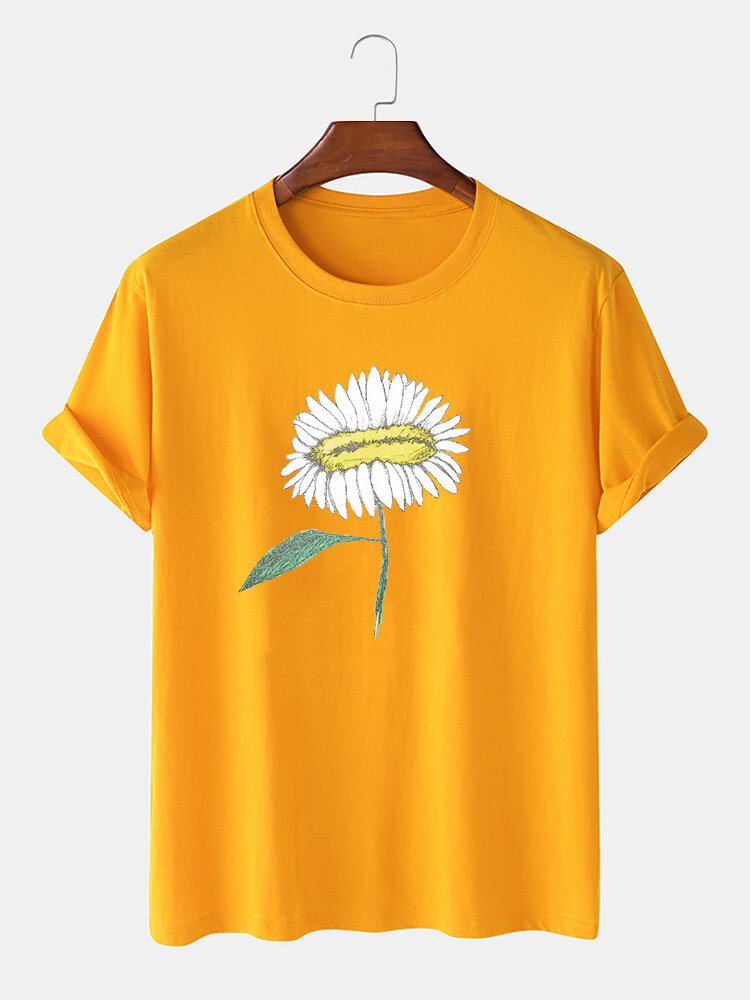 Håndmalet Blomsterprint Til Mænd 100% Bomuld O-hals Kortærmet T-shirt