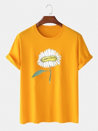 Håndmalet Blomsterprint Til Mænd 100% Bomuld O-hals Kortærmet T-shirt