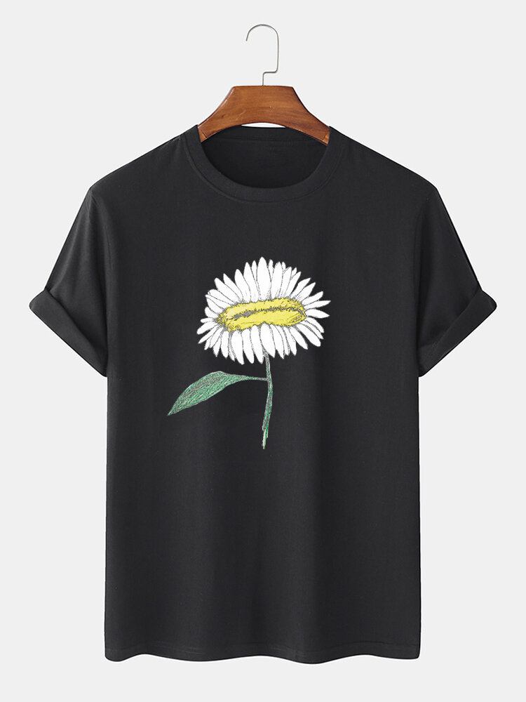 Håndmalet Blomsterprint Til Mænd 100% Bomuld O-hals Kortærmet T-shirt