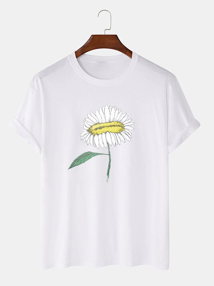 Håndmalet Blomsterprint Til Mænd 100% Bomuld O-hals Kortærmet T-shirt