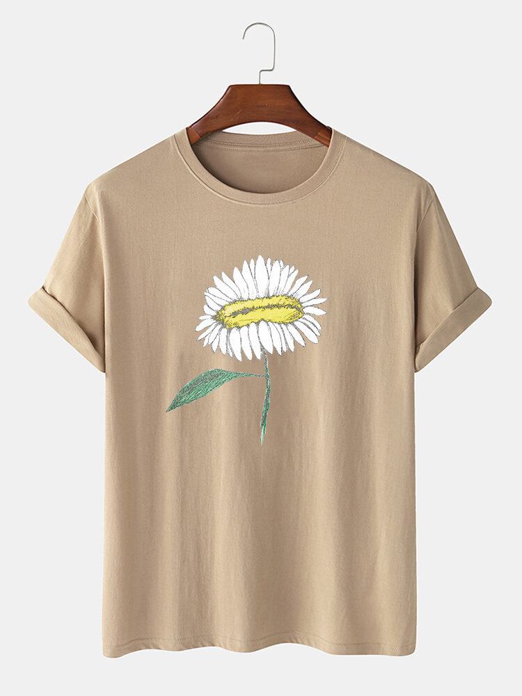 Håndmalet Blomsterprint Til Mænd 100% Bomuld O-hals Kortærmet T-shirt