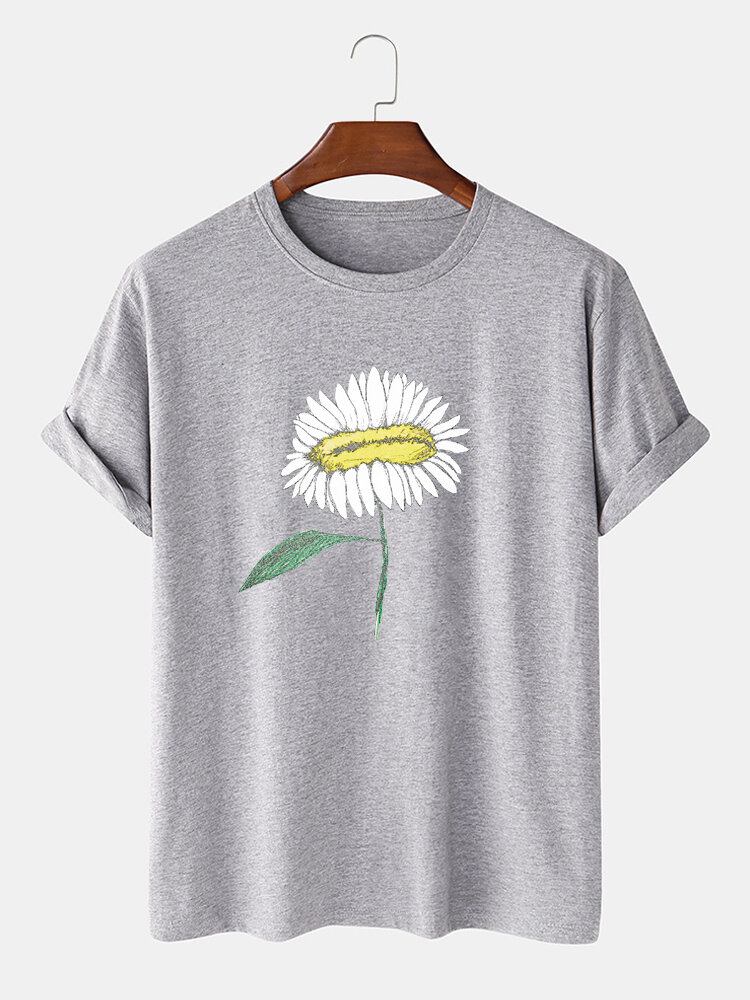 Håndmalet Blomsterprint Til Mænd 100% Bomuld O-hals Kortærmet T-shirt