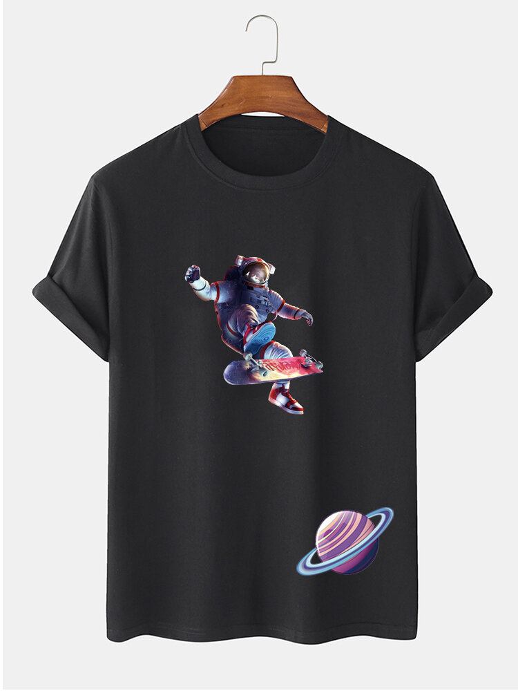 Herre Astronaut Planet Print Kortærmet T-shirt I 100% Bomuld