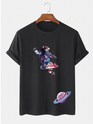 Herre Astronaut Planet Print Kortærmet T-shirt I 100% Bomuld
