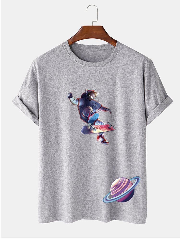 Herre Astronaut Planet Print Kortærmet T-shirt I 100% Bomuld