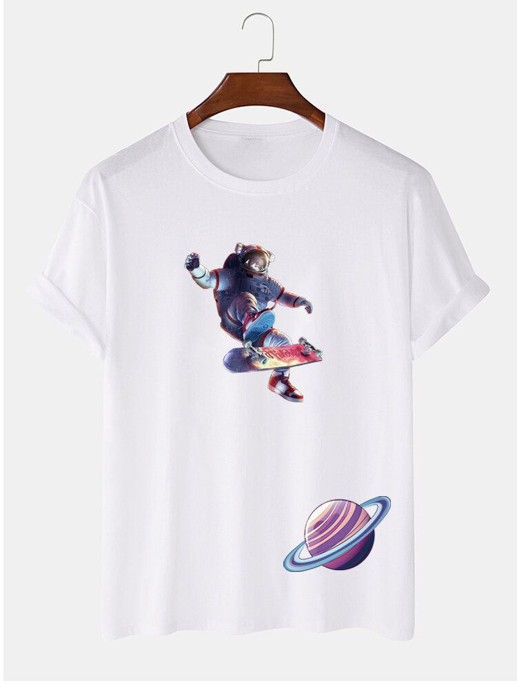 Herre Astronaut Planet Print Kortærmet T-shirt I 100% Bomuld