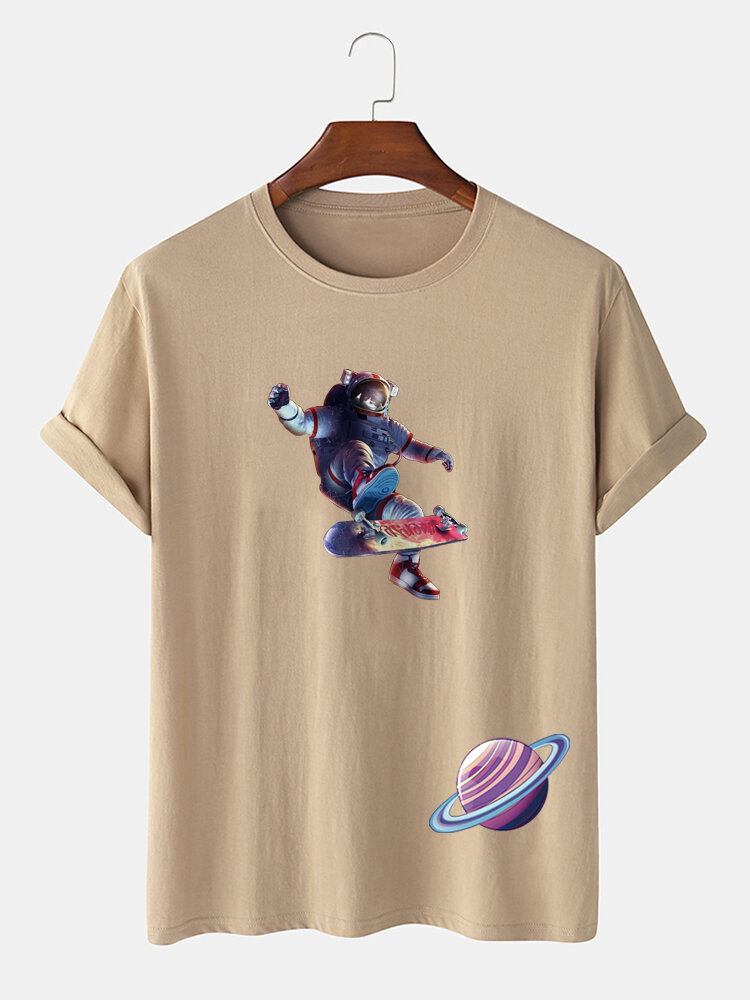 Herre Astronaut Planet Print Kortærmet T-shirt I 100% Bomuld