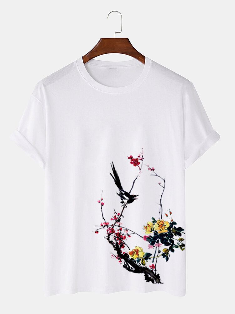 Herre Bird Plum Bossom Print Kortærmede Bomuld T-shirts