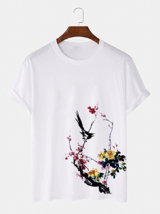 Herre Bird Plum Bossom Print Kortærmede Bomuld T-shirts