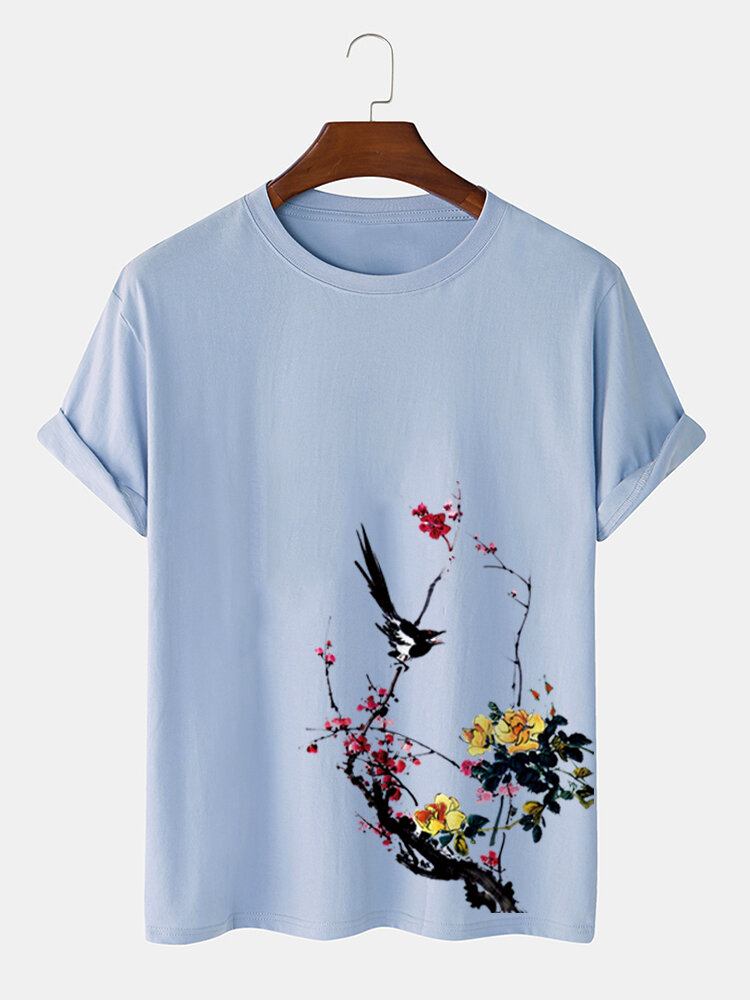 Herre Bird Plum Bossom Print Kortærmede Bomuld T-shirts