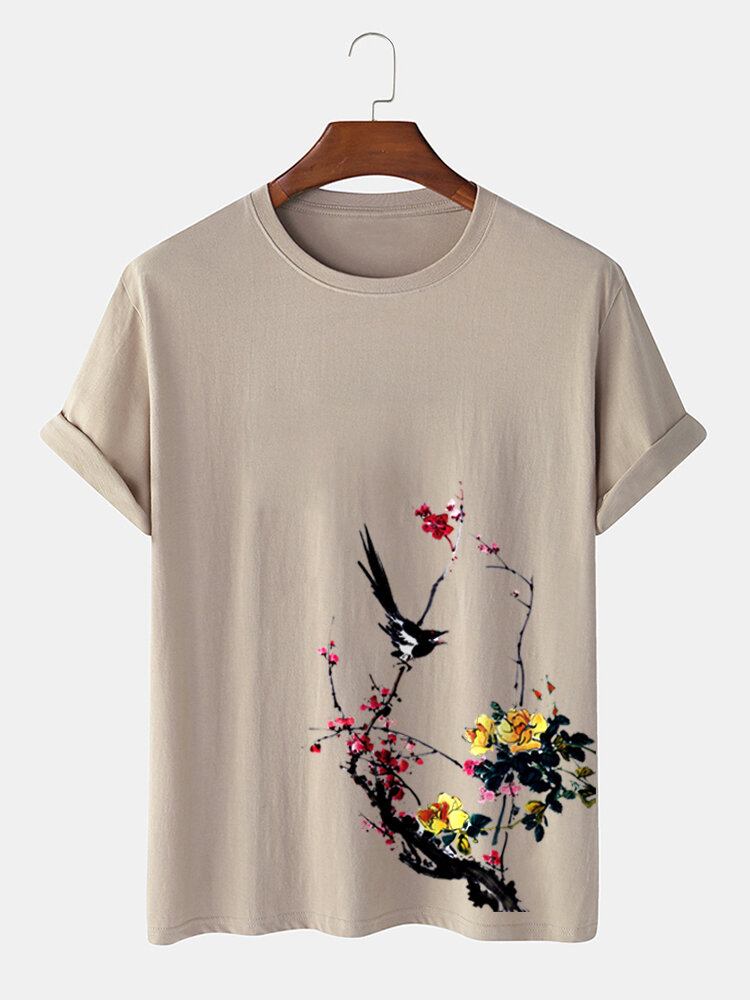 Herre Bird Plum Bossom Print Kortærmede Bomuld T-shirts