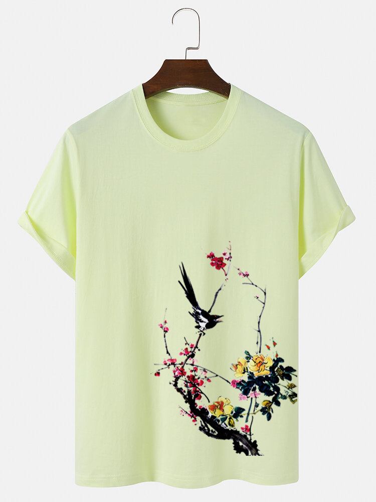 Herre Bird Plum Bossom Print Kortærmede Bomuld T-shirts