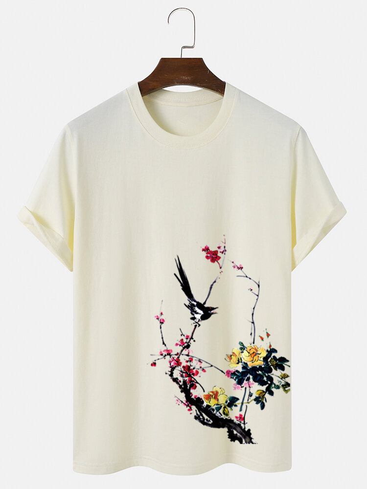 Herre Bird Plum Bossom Print Kortærmede Bomuld T-shirts