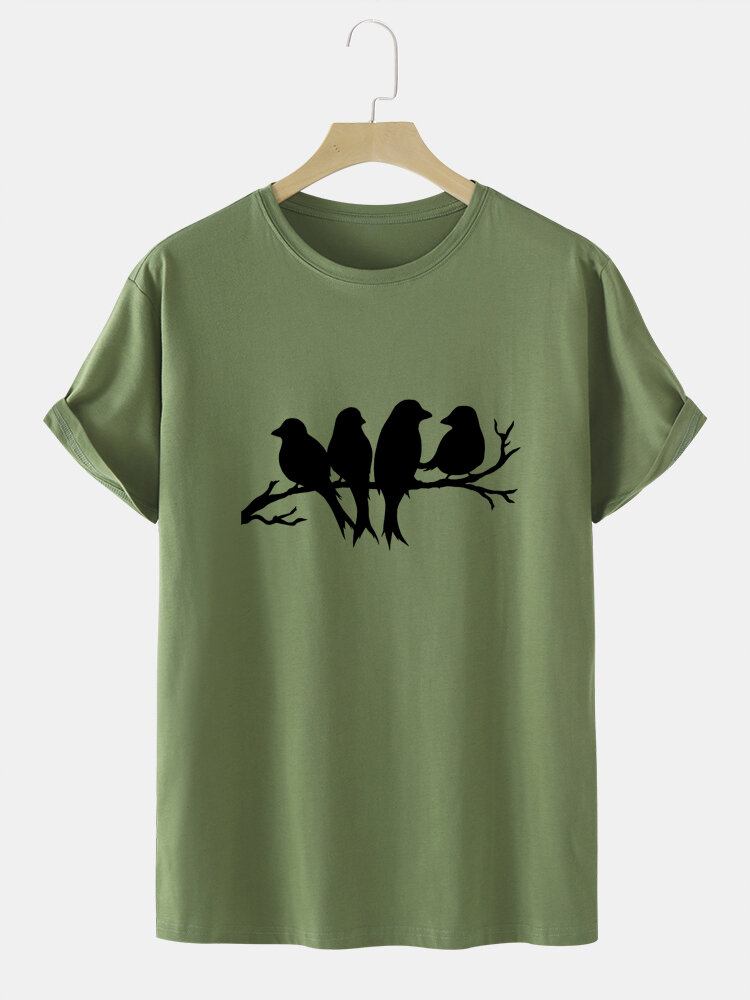 Herre Casual Birds T-shirts I Bomuld Med Farvet Glastryk