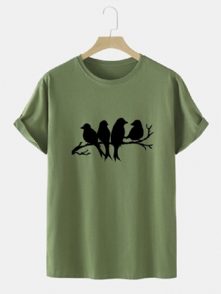 Herre Casual Birds T-shirts I Bomuld Med Farvet Glastryk