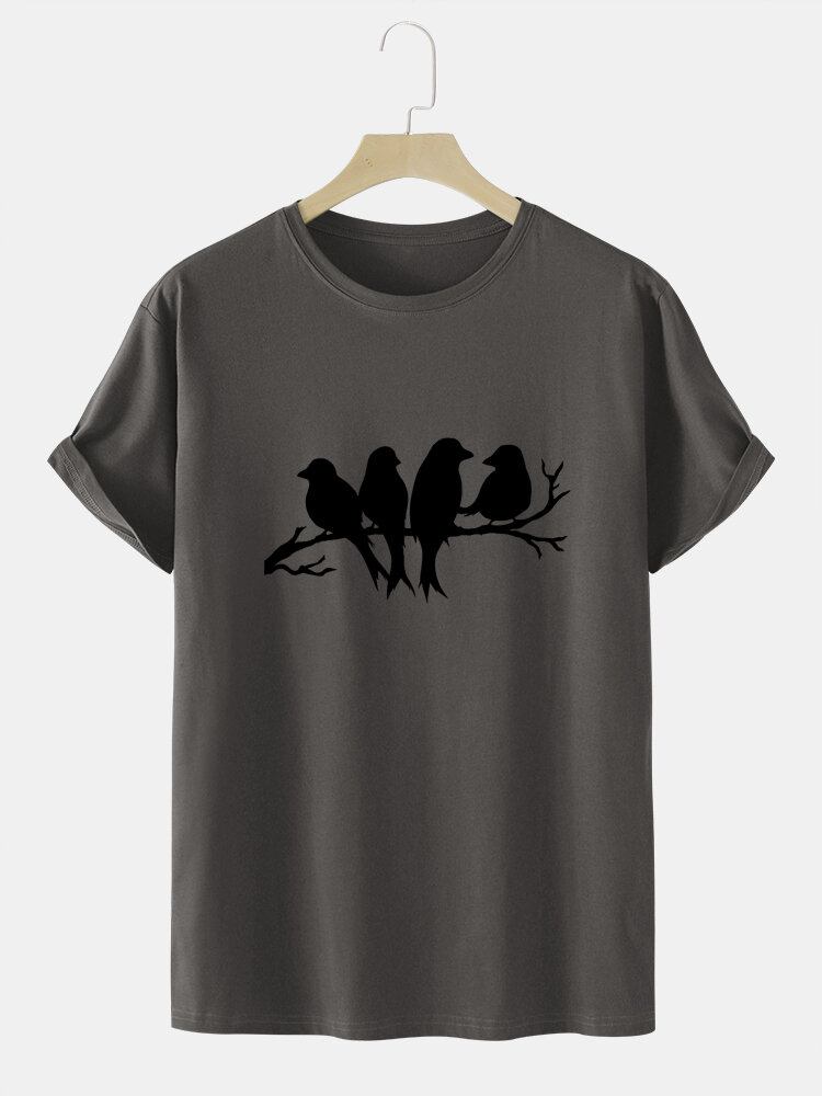 Herre Casual Birds T-shirts I Bomuld Med Farvet Glastryk