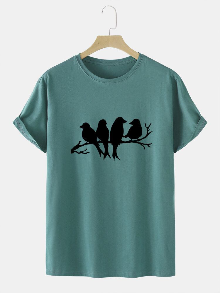 Herre Casual Birds T-shirts I Bomuld Med Farvet Glastryk