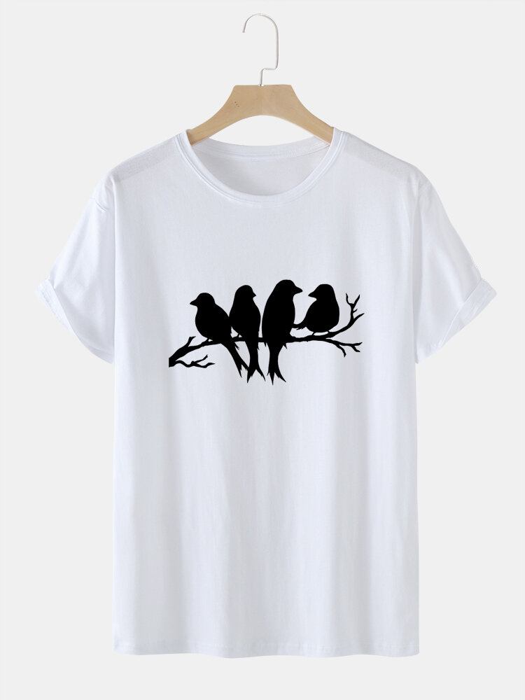 Herre Casual Birds T-shirts I Bomuld Med Farvet Glastryk