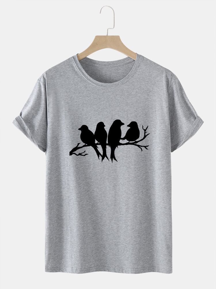 Herre Casual Birds T-shirts I Bomuld Med Farvet Glastryk