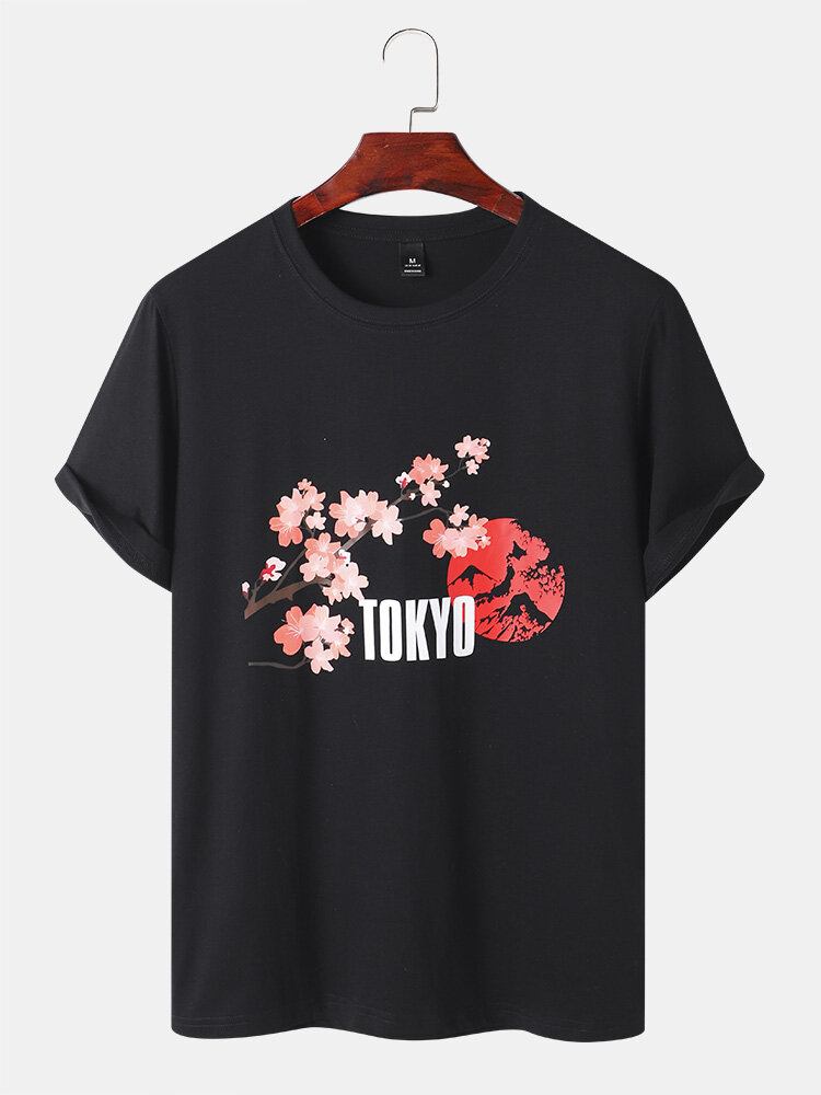 Herre Cherry Blossoms Mountain Print Kortærmede Bomuld T-shirts