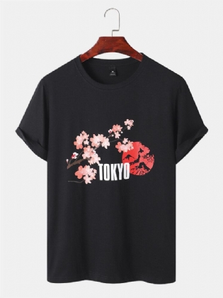 Herre Cherry Blossoms Mountain Print Kortærmede Bomuld T-shirts